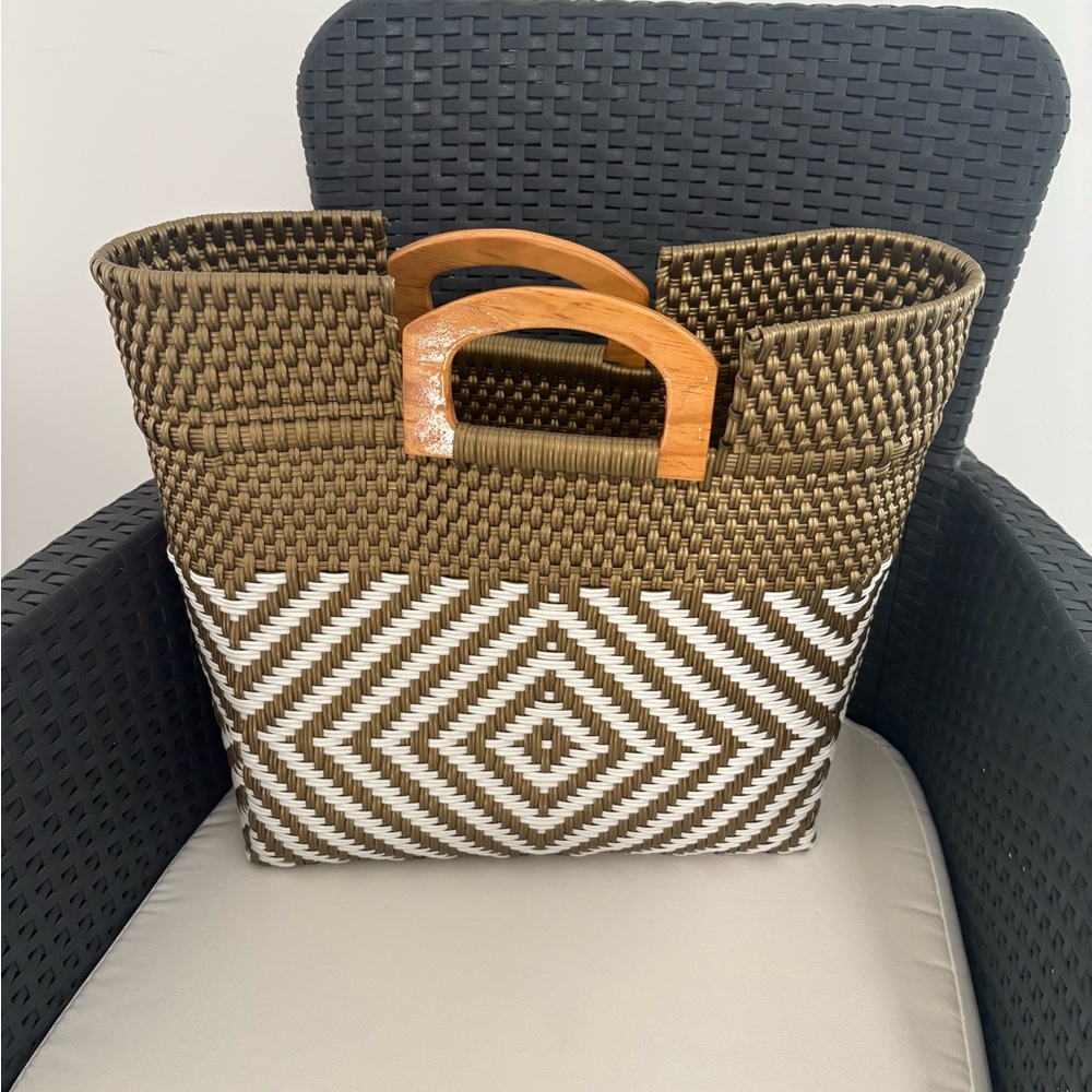Brown and White Woven Tote Bag